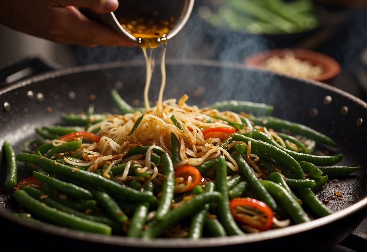 A wok sizzles as string beans, garlic, and soy sauce combine in a fragrant stir-fry. A chef's hand tosses the ingredients, creating a vibrant and flavorful dish