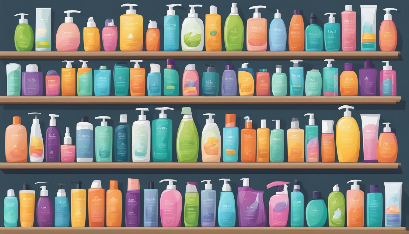 A colorful array of shampoo bottles displayed on a sleek, modern shelf, each labeled with a different hair concern: dryness, frizz, dandruff, and more