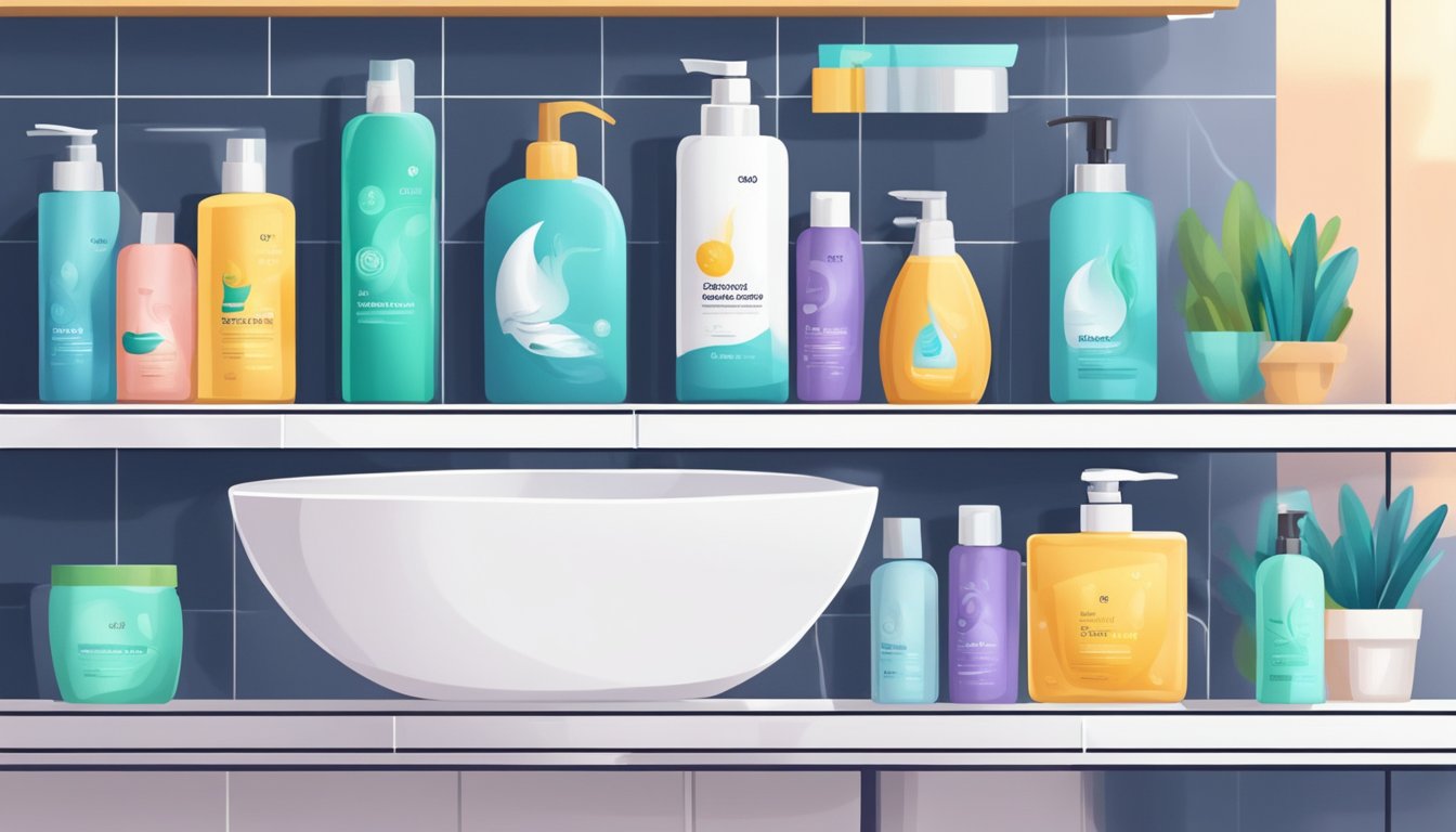 A hand pours shampoo onto wet hair in a modern bathroom. Bottles of various shampoo brands are neatly arranged on a shelf. A towel and hairbrush sit nearby