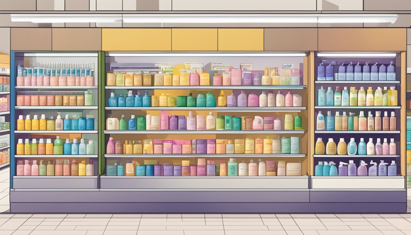 A display of various shampoo brands with "Frequently Asked Questions" signage in a Singaporean store