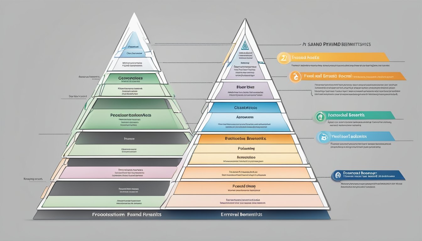 The brand pyramid stands tall, with its foundation representing attributes, followed by functional benefits, emotional benefits, and finally, the brand's purpose at the top