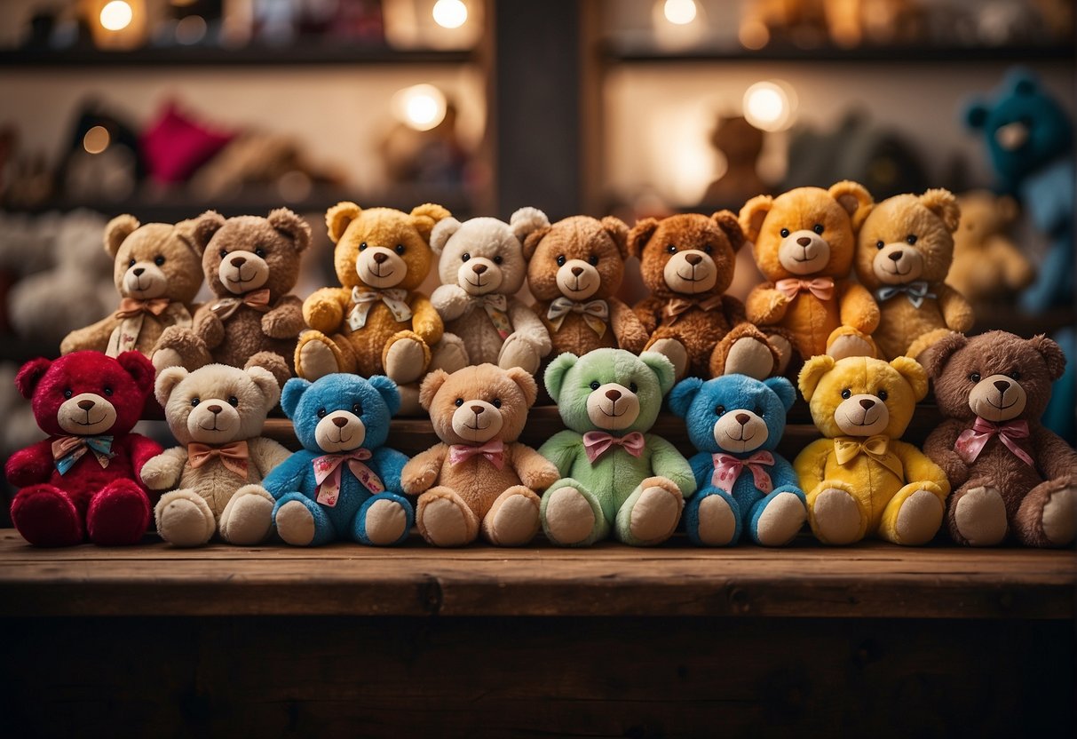 A shelf filled with teddy bears of various sizes and colors, each with a different name embroidered on its chest