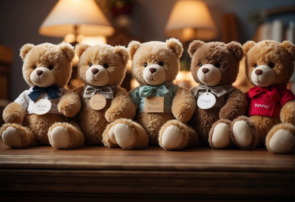 A cozy nursery shelf displays a row of vintage teddy bears, each with a name tag. The bears sit in a semi-circle, looking out with warm, friendly expressions