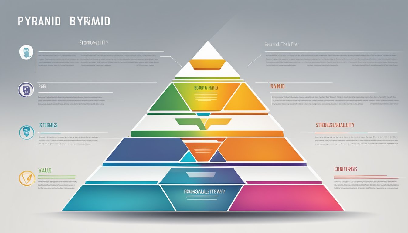 A brand pyramid with values, mission, vision, and personality traits, standing tall and sturdy, symbolizing a strong brand identity