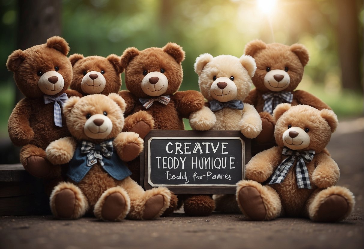 A group of teddy bears gather around a sign that reads "Creative and Unique Names for Teddy Bears." Each bear wears a different expression, from excited to curious, as they brainstorm ideas together