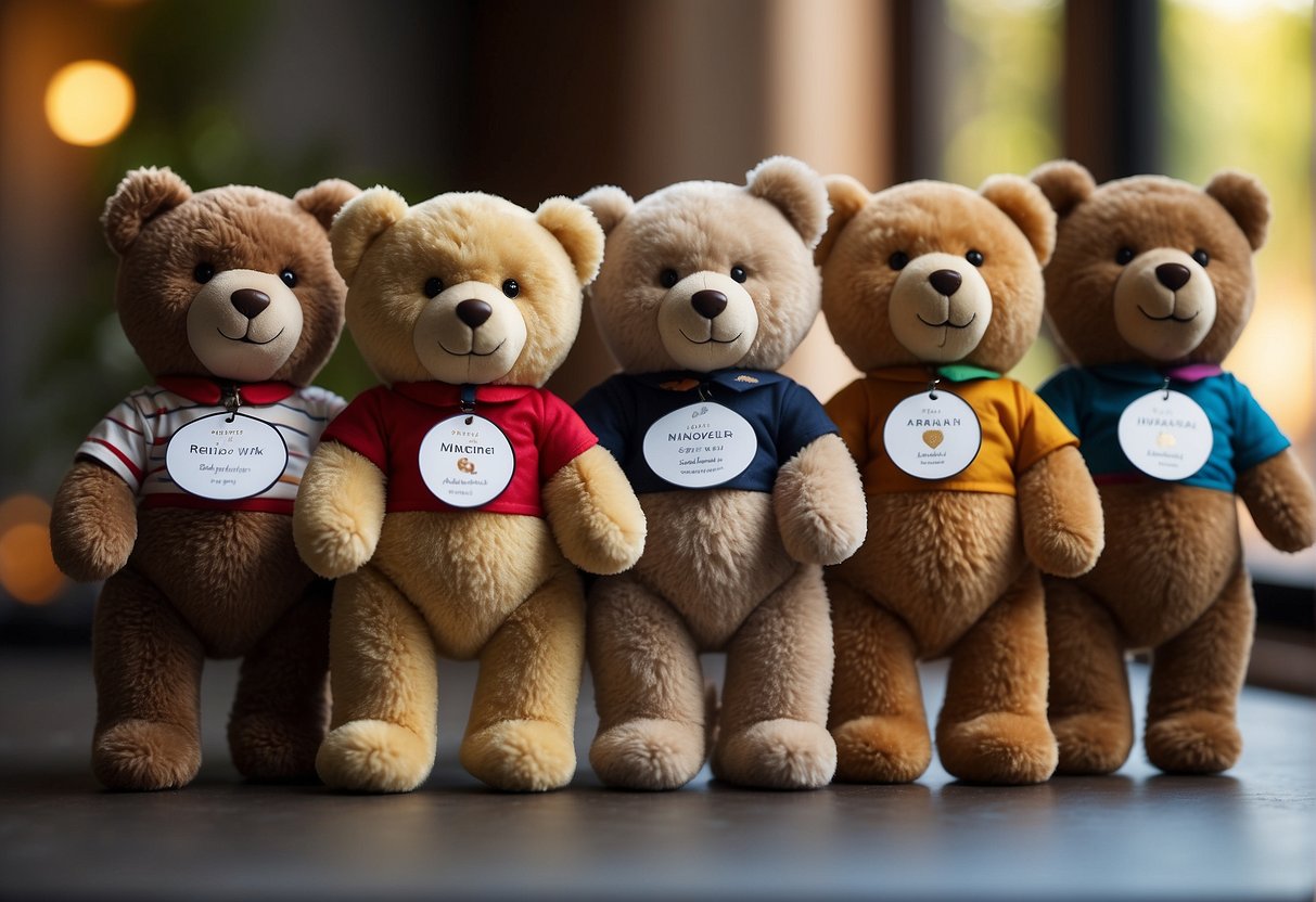 A group of teddy bears lined up, each with a unique name tag reflecting their personality traits. Some are bold and colorful, while others are more subdued and classic