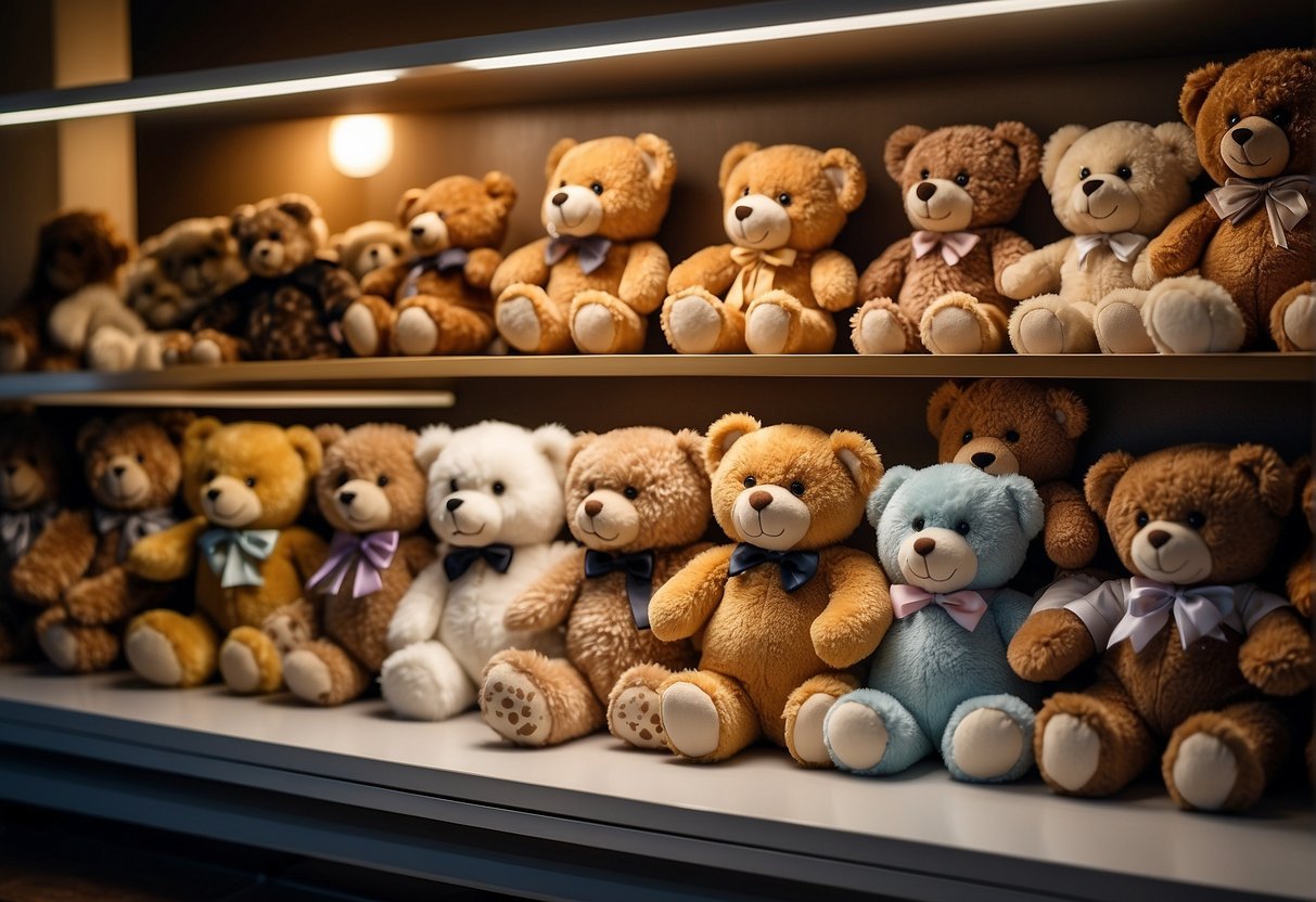 A variety of teddy bears in different sizes and appearances are displayed on shelves, ranging from small and fluffy to large and cuddly
