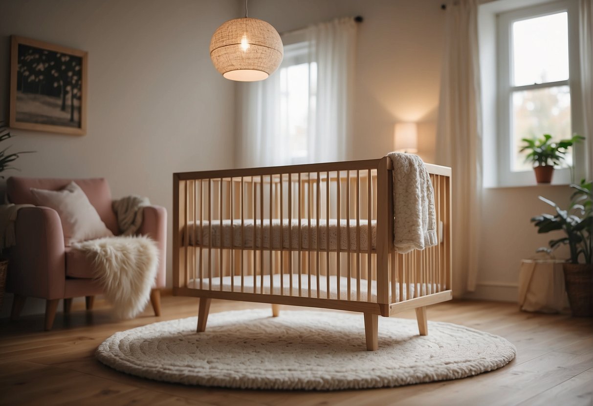 The crib is placed in the center of the room, with a soft, plush rug underneath. A mobile hangs above, gently swaying in the breeze from an open window