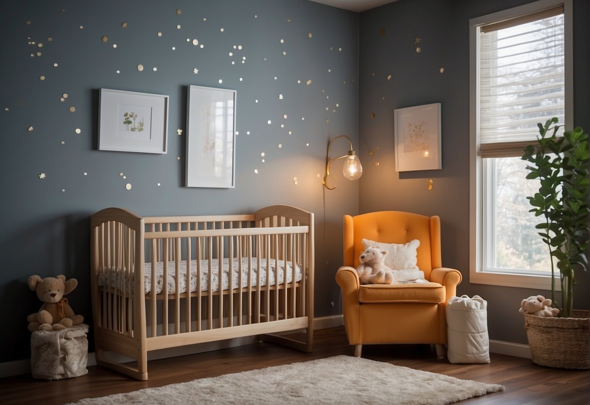 A crib sits against a wall in a baby's room, away from windows and heaters, with no hanging cords or mobiles within reach