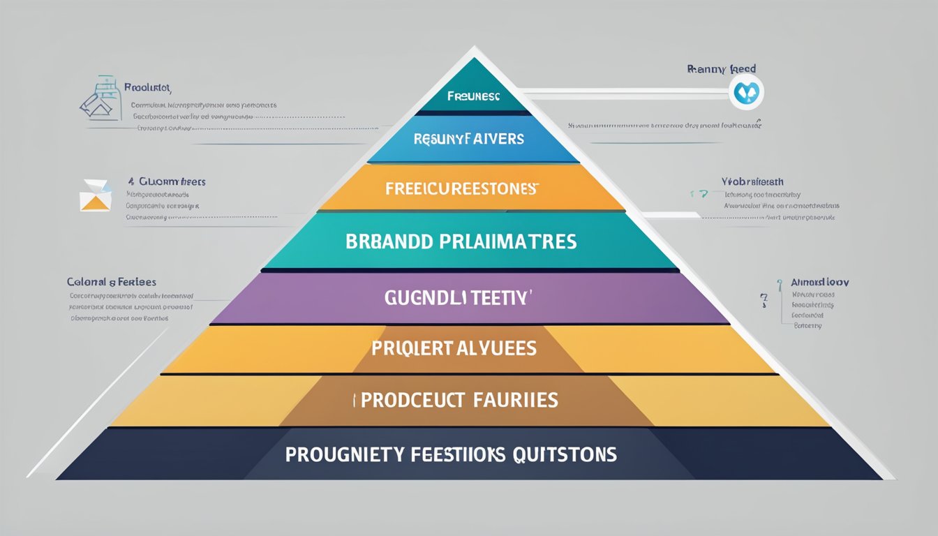 A brand pyramid with "Frequently Asked Questions" at the top, followed by layers representing customer needs, brand values, and product features