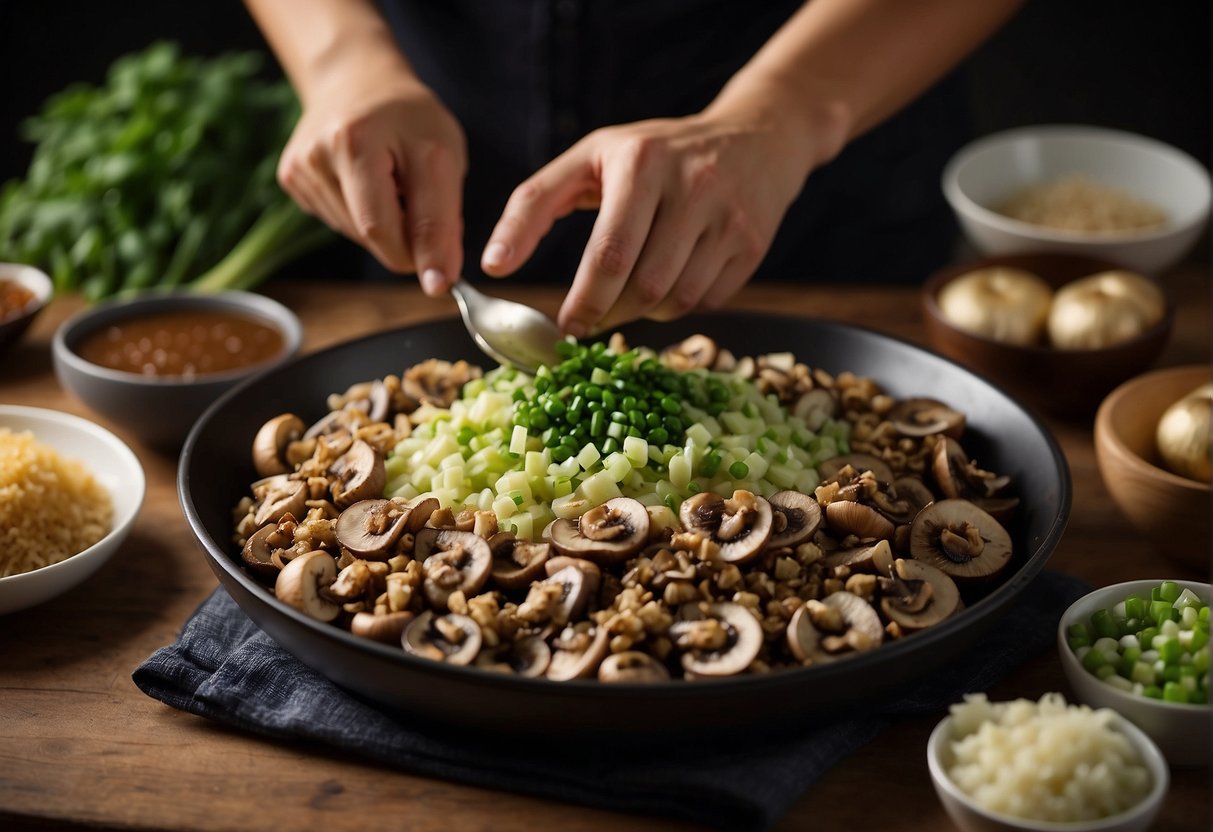 A table set with various ingredients: mushrooms, ground pork, green onions, ginger, and soy sauce. A chef mixing the stuffing and carefully spooning it into the hollowed-out mushrooms