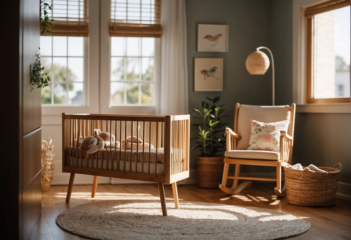 The crib is centered under a sunny window, with a mobile hanging above. A cozy rocking chair sits in the corner, and a small bookshelf is nearby