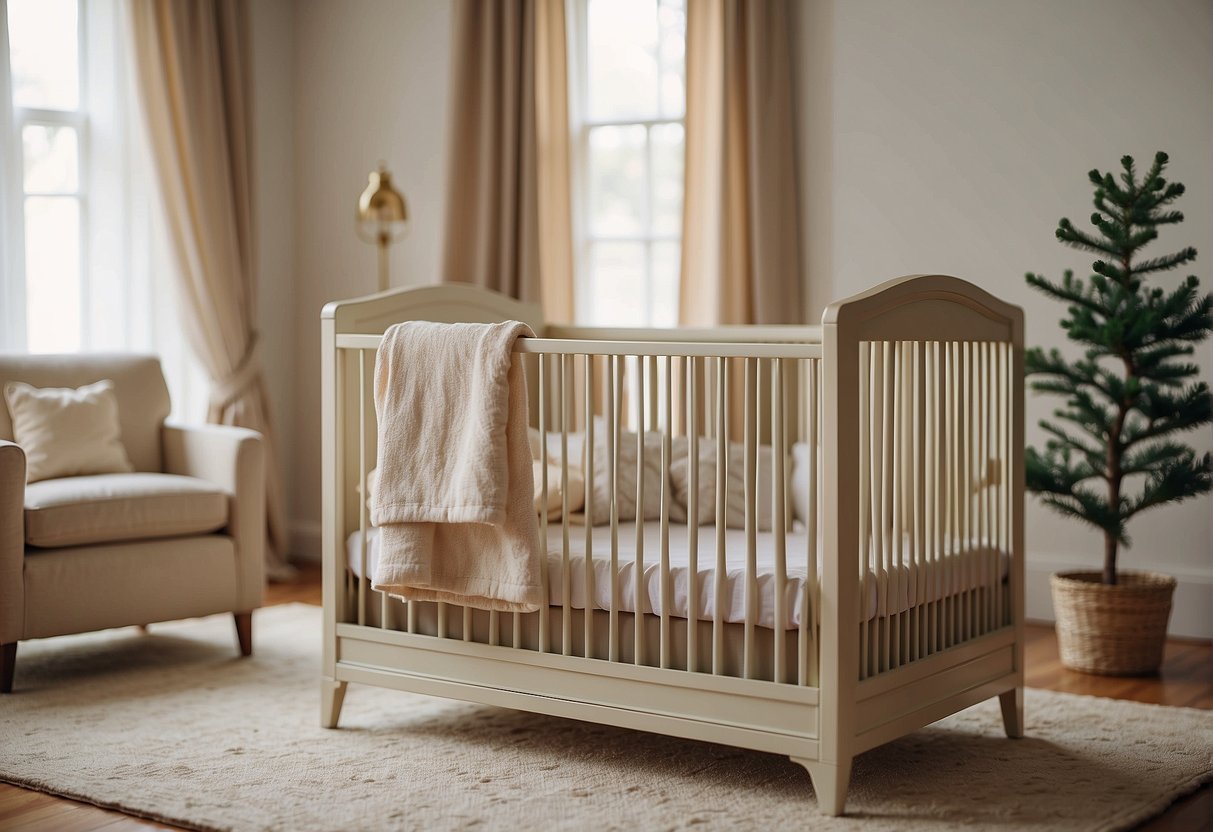 The crib is placed in the center of the room, with a soft, neutral color palette and gentle lighting creating a calm and soothing atmosphere