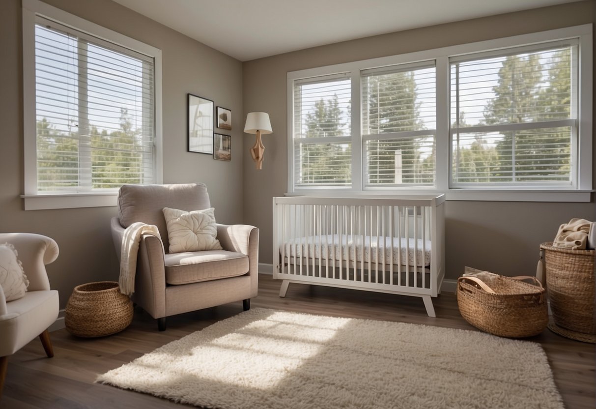 The crib is positioned near a large window, allowing natural light to fill the room. A ceiling fan circulates fresh air, ensuring proper ventilation