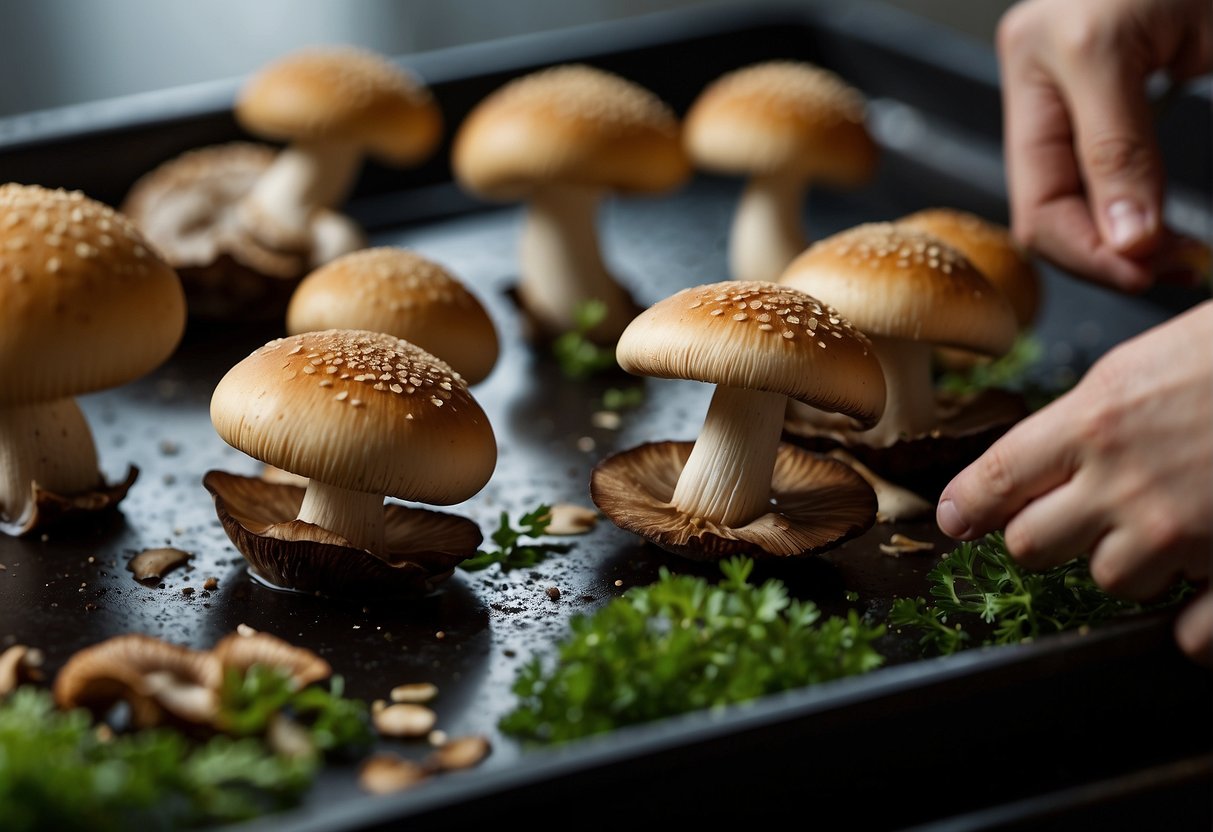 Mushrooms being cleaned, stems removed, and filled with seasoned mixture before being placed on a baking sheet
