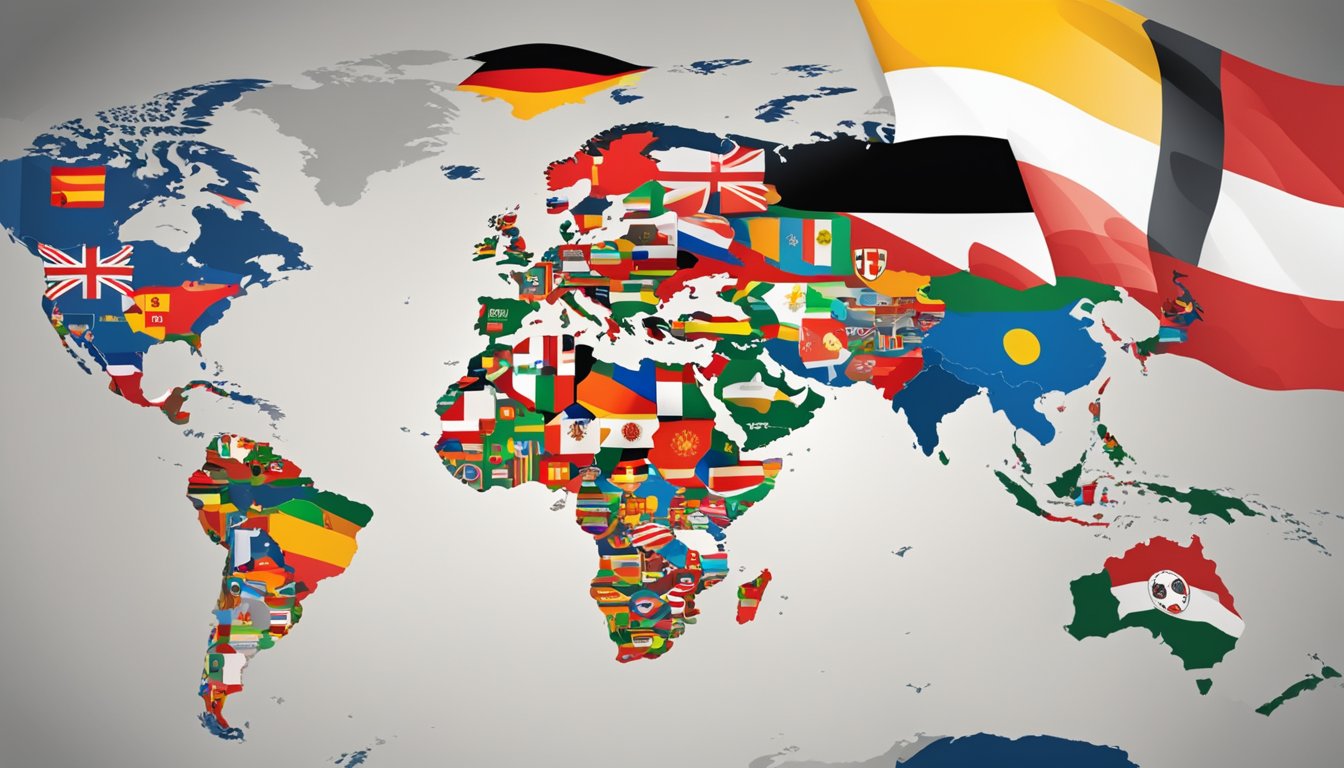 A world map with a spotlight on Germany, the birthplace of Mayer brand, surrounded by international flags representing its global presence