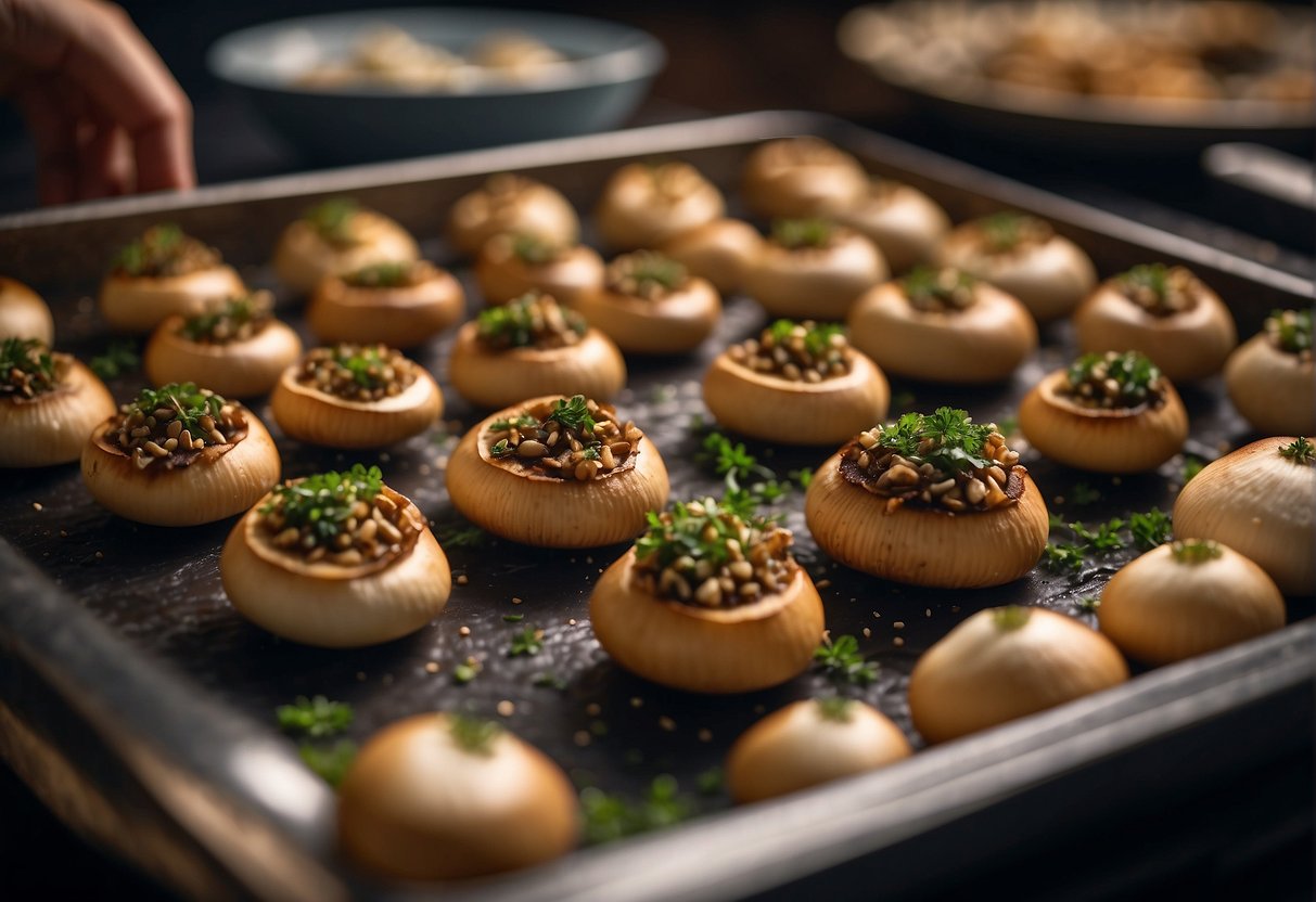 Mushrooms being stuffed with Chinese ingredients, placed on a tray, and baked in the oven