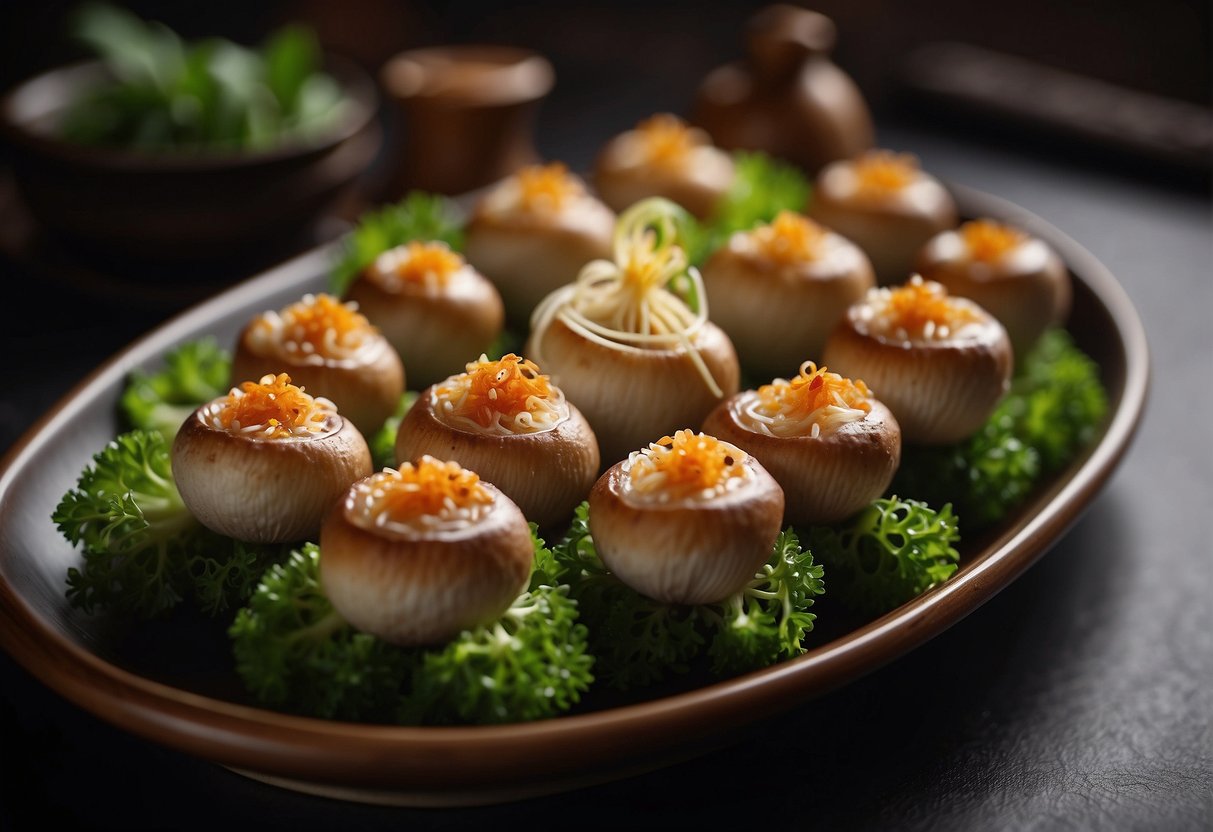 Chinese stuffed mushrooms arranged on a decorative platter with garnishes and chopsticks