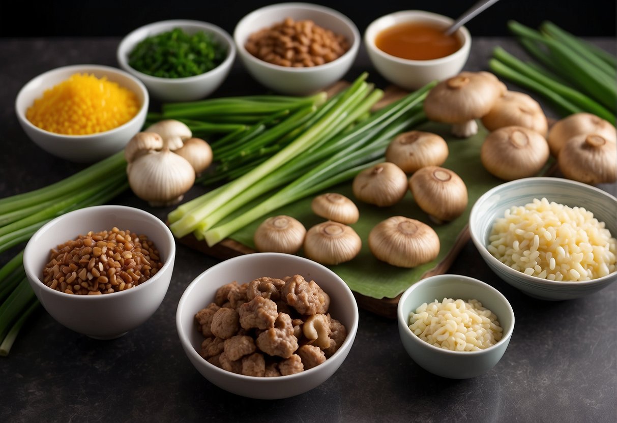 A table with ingredients: mushrooms, ground pork, ginger, soy sauce, and green onions. A recipe card with nutritional information: calories, fat, protein, and carbs