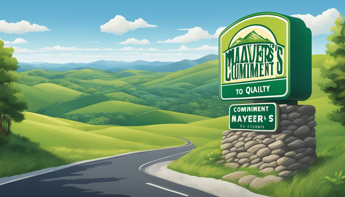 A large, bold "Mayer's Commitment to Quality" sign stands proudly against a backdrop of rolling green hills and a clear blue sky
