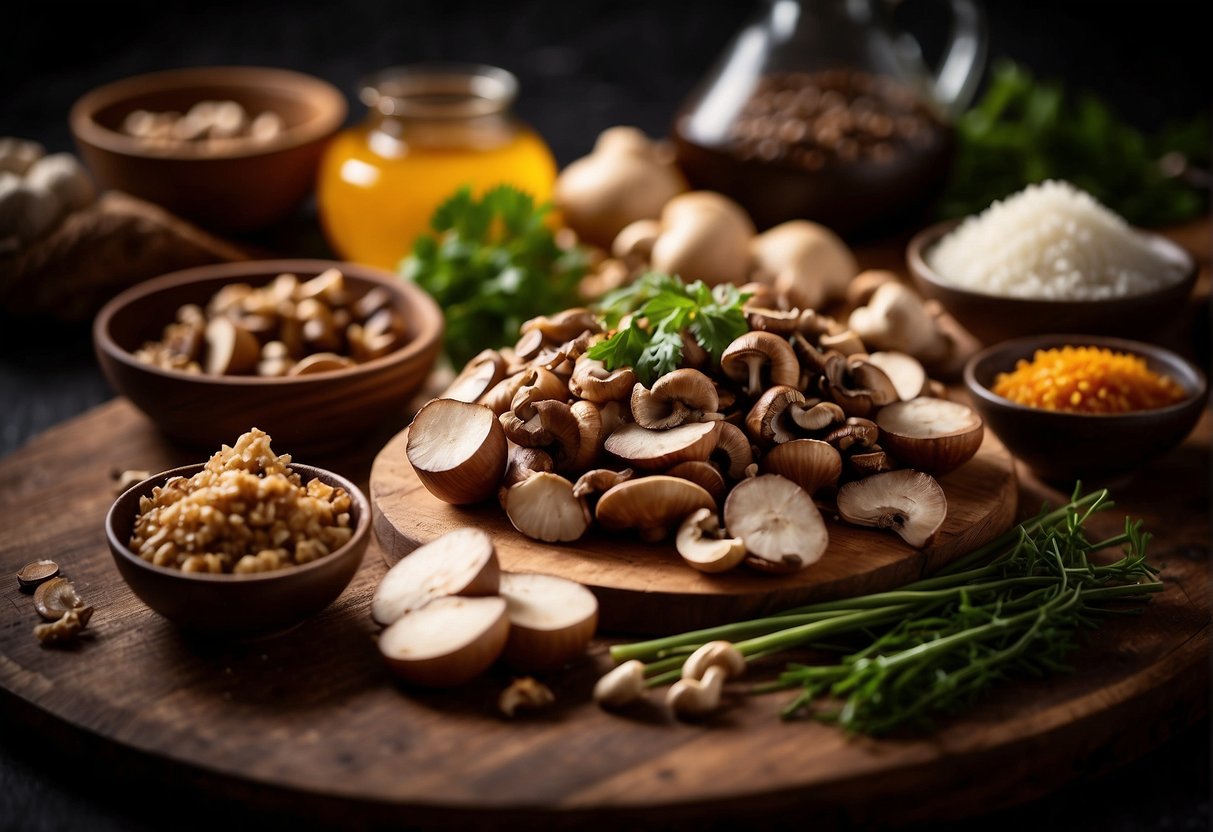 A table filled with various ingredients: mushrooms, ground pork, ginger, and soy sauce. A chef's knife and cutting board are ready for preparation