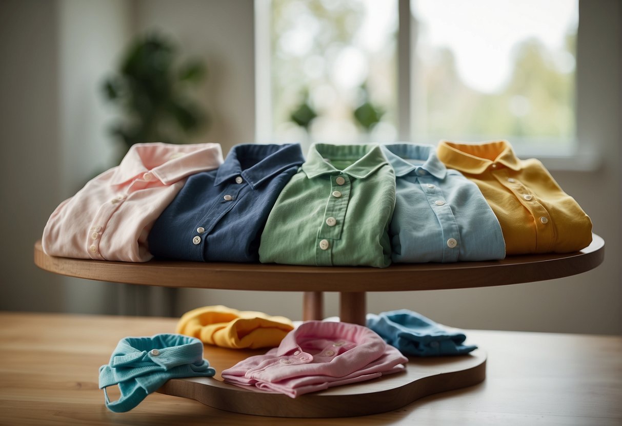 A table with three piles of baby clothes labeled 12, 18, and 24 months. Different styles and colors are neatly folded and arranged for comparison
