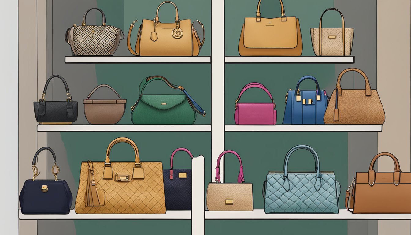 A display of Spanish handbag brands arranged on a shelf, showcasing various styles, colors, and textures