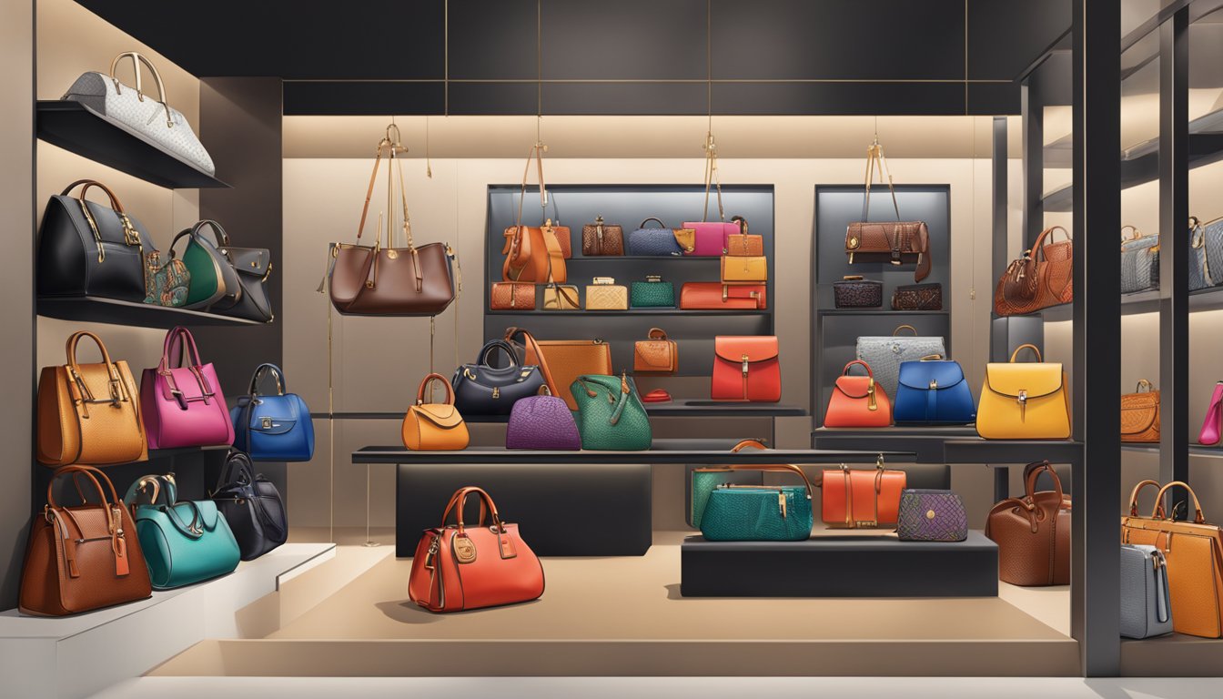 A display of iconic Spanish handbags in a sleek, modern boutique setting. Rich leather, vibrant colors, and intricate detailing