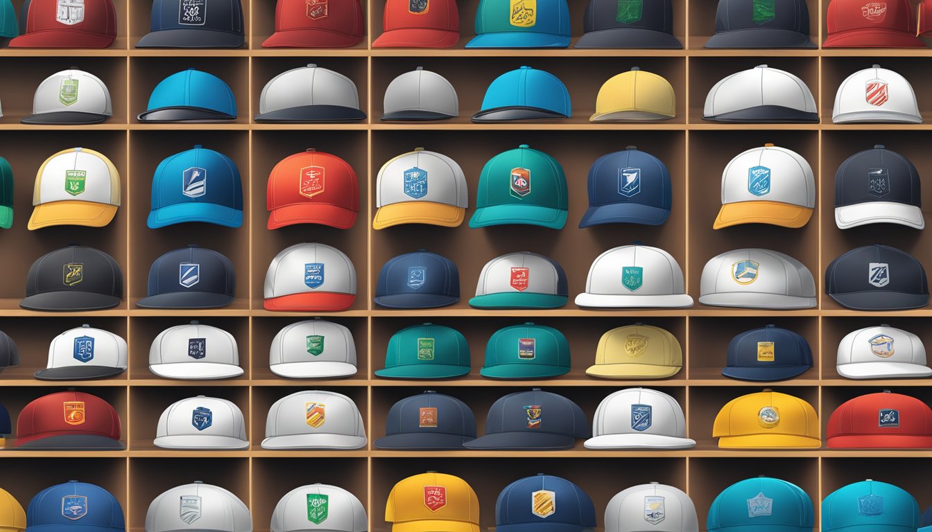 Branded caps arranged in a neat row on a display shelf