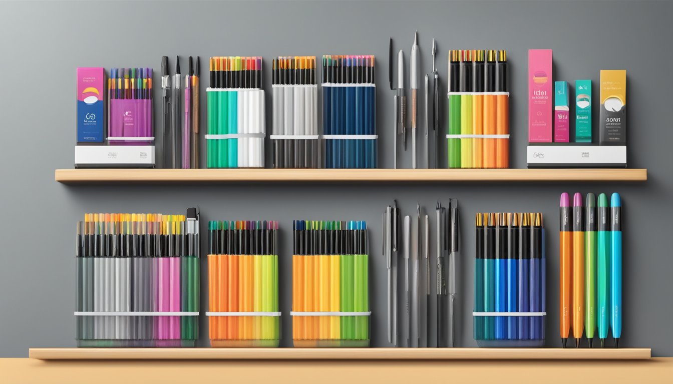 Various pen brands displayed on a sleek, modern shelf with colorful packaging and different styles