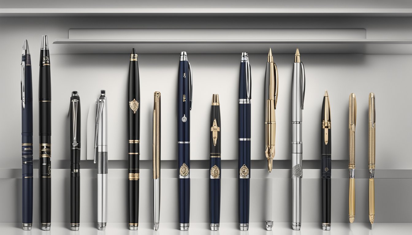 Various pen brands, such as Parker, Montblanc, and Cross, are displayed on a shelf. Each brand's logo and unique design are visible, showcasing the history of pen brands