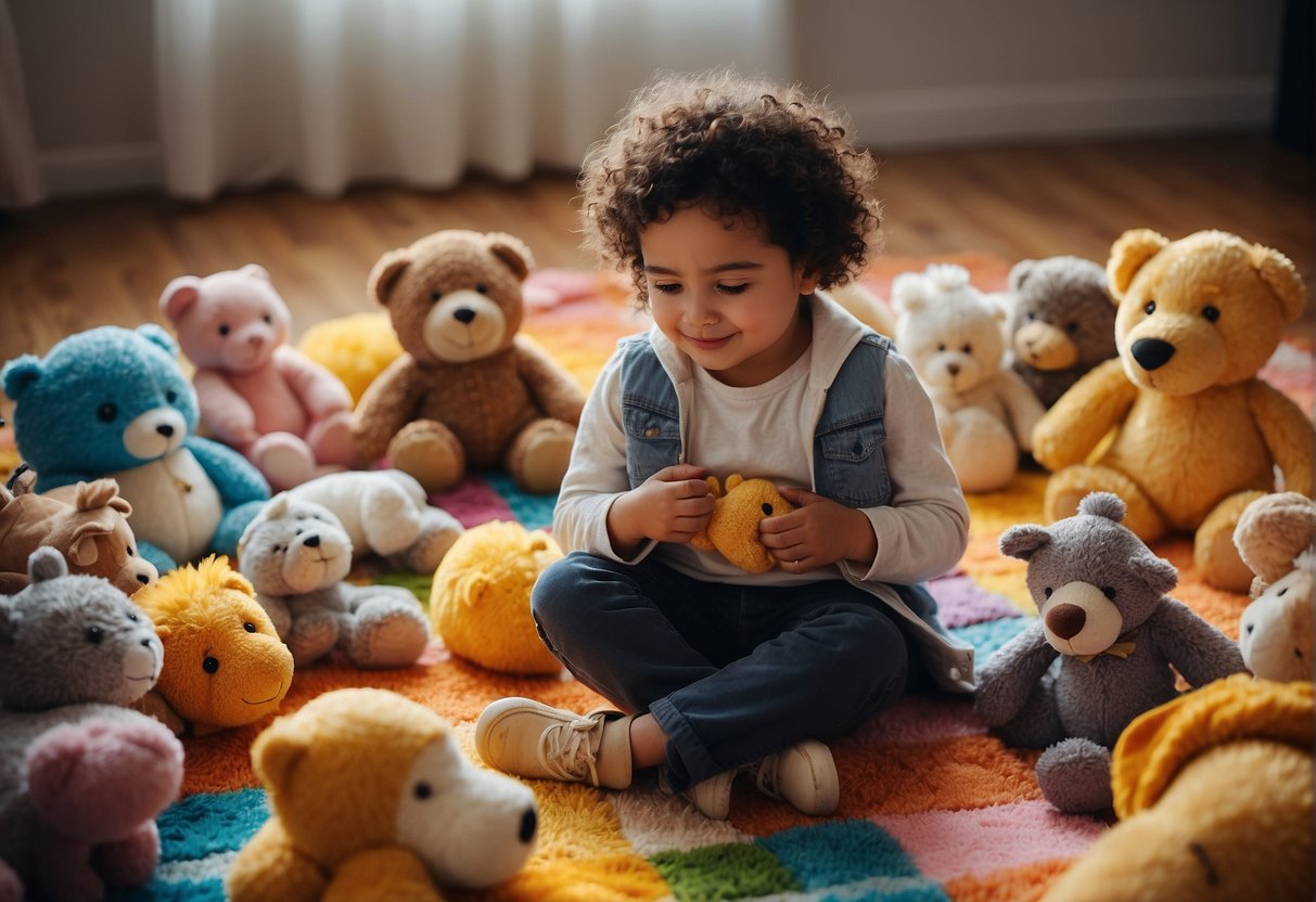 A child sits on a colorful rug surrounded by a variety of stuffed animals. They are carefully arranging the toys and giving each one a unique name