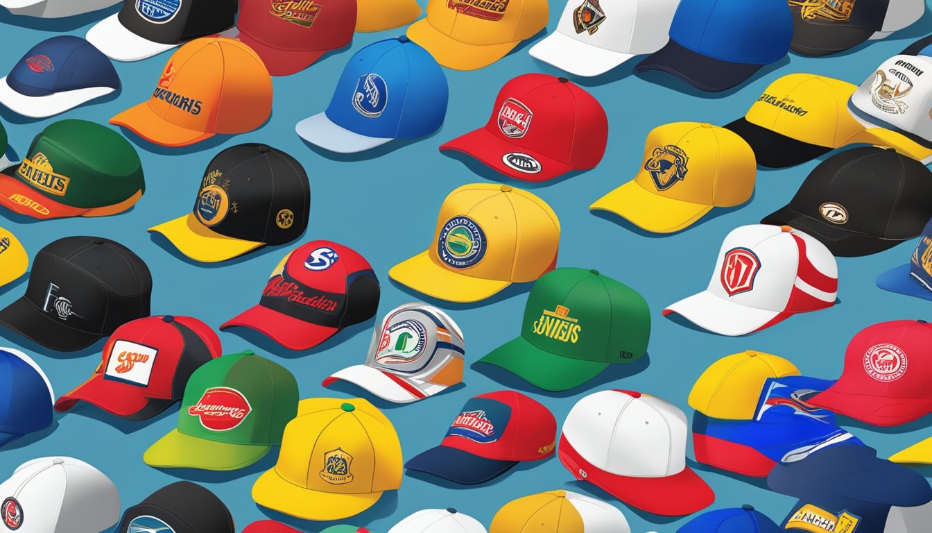 A table with a variety of branded caps, logo displayed prominently