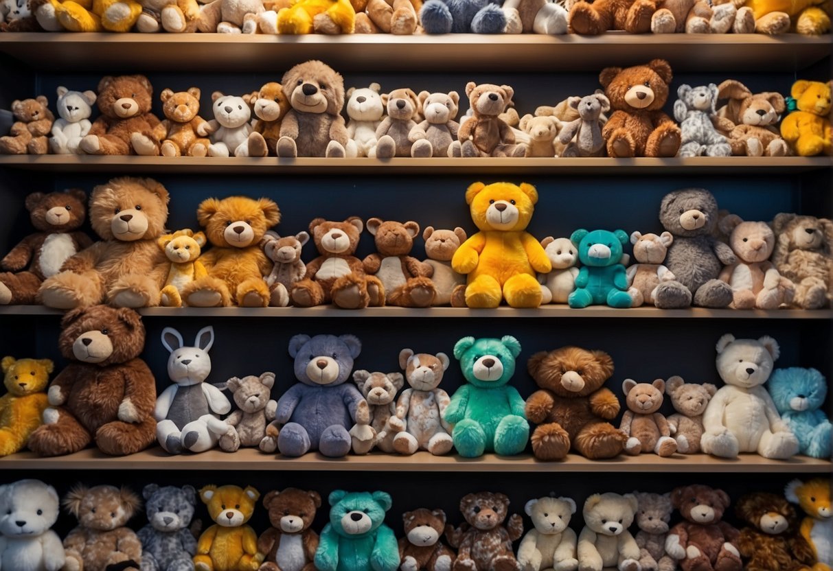 Stuffed animals arranged in categories: wildlife, fantasy, domestic, and sea creatures. Displayed on shelves with colorful labels
