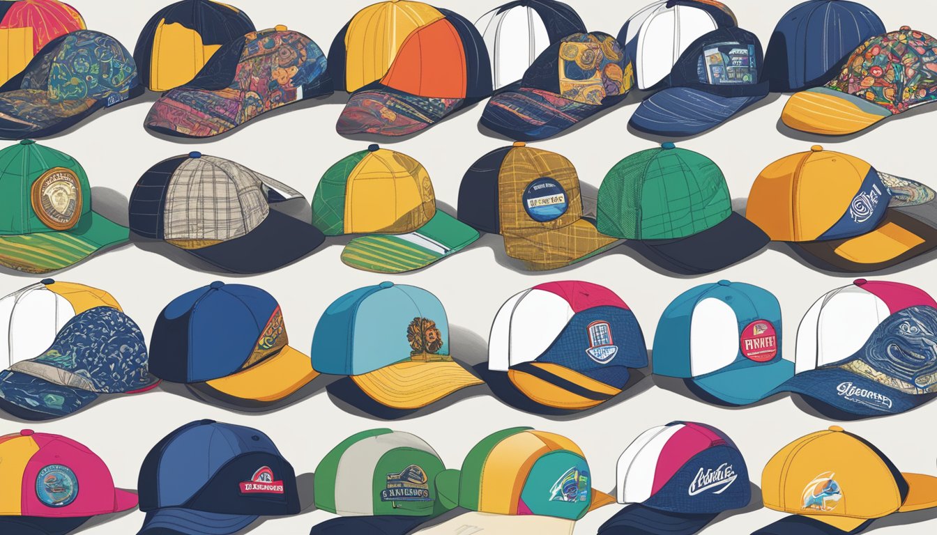 Branded caps arranged in a grid, each featuring different customisation techniques like embroidery, printing, and patchwork