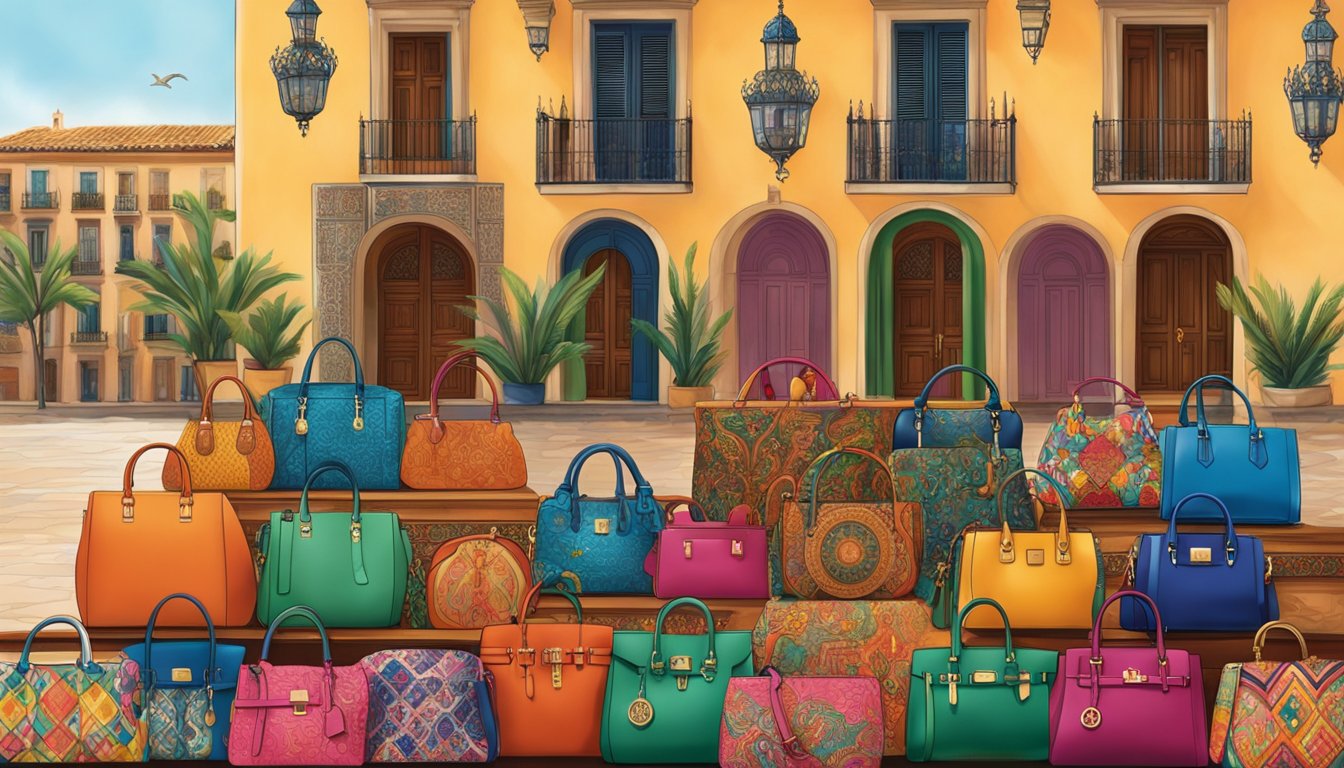 A vibrant display of Spanish handbag brands, featuring bold colors, intricate patterns, and luxurious materials, set against a backdrop of traditional Spanish architecture