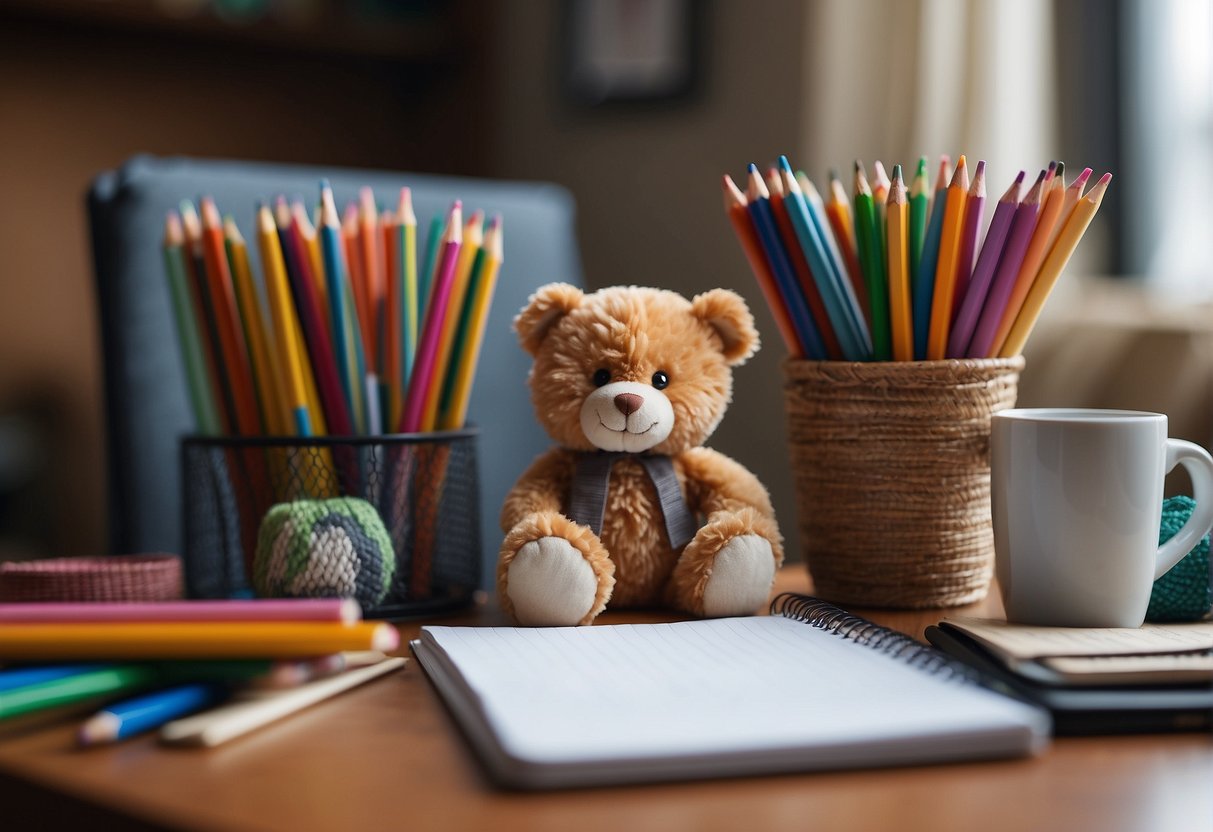 A cozy, cluttered desk with colorful pencils and notebooks. A stuffed animal sits prominently, waiting to be named
