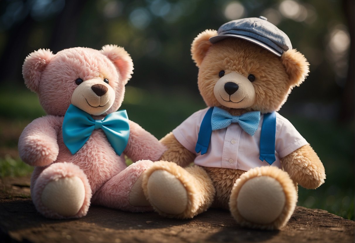 A child places a pink bow on a teddy bear named "Lily" and a blue bow tie on a bear named "Max"