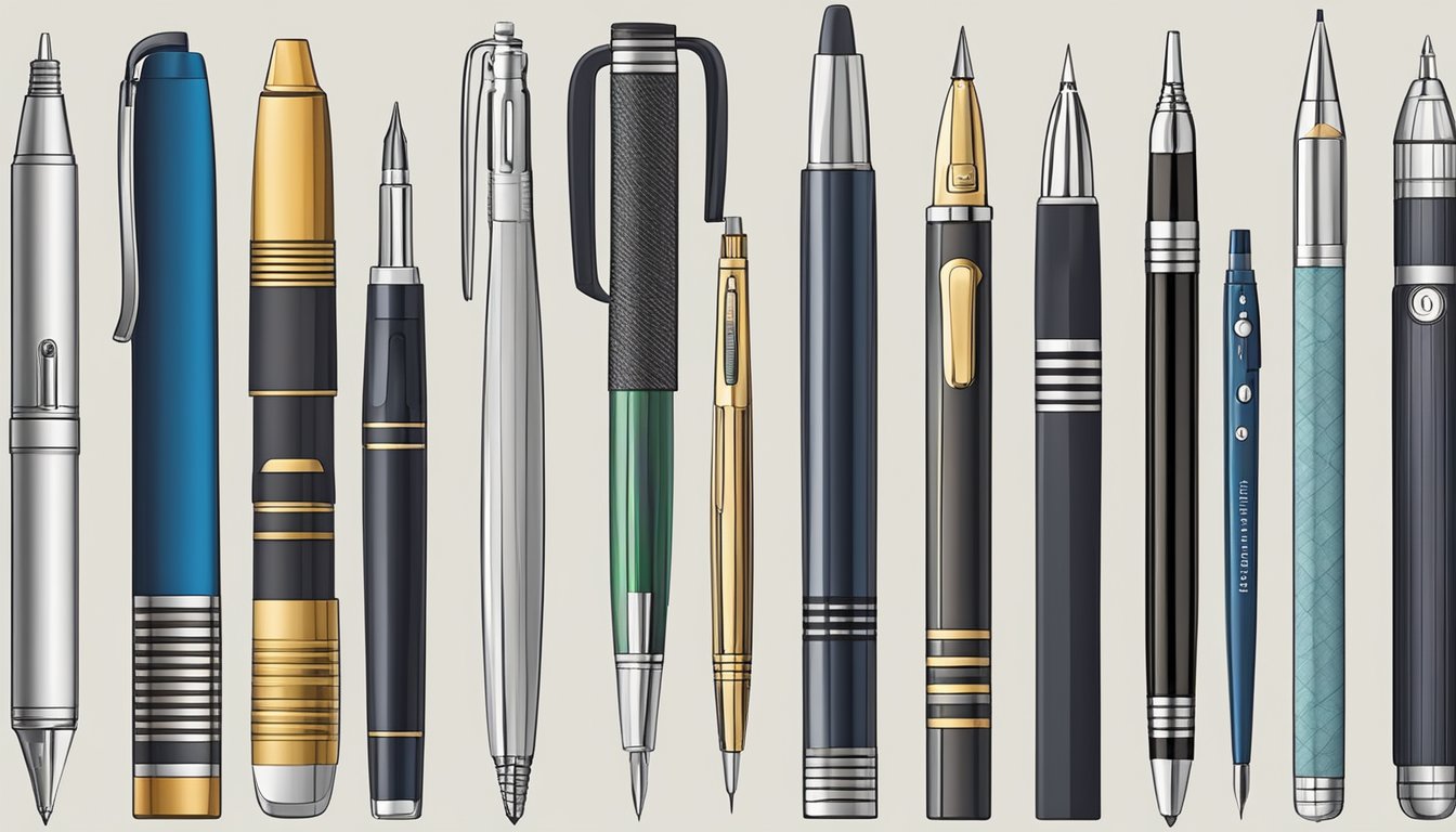 Various types of pens are arranged in a neat row, showcasing different pen brands and styles