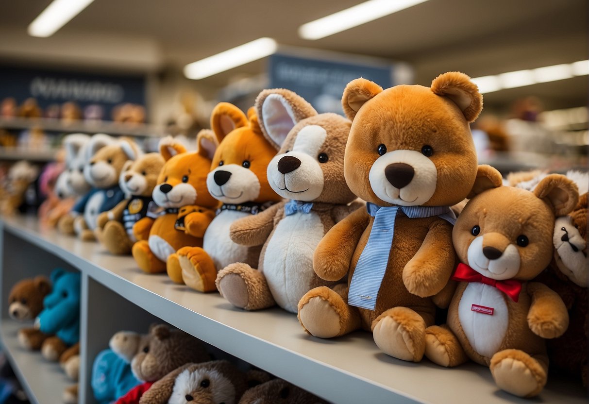 Various stuffed animals sit on shelves, including a bear named Winnie, a rabbit named Bugs, and a tiger named Hobbes. A sign above reads "Names Inspired by Media."