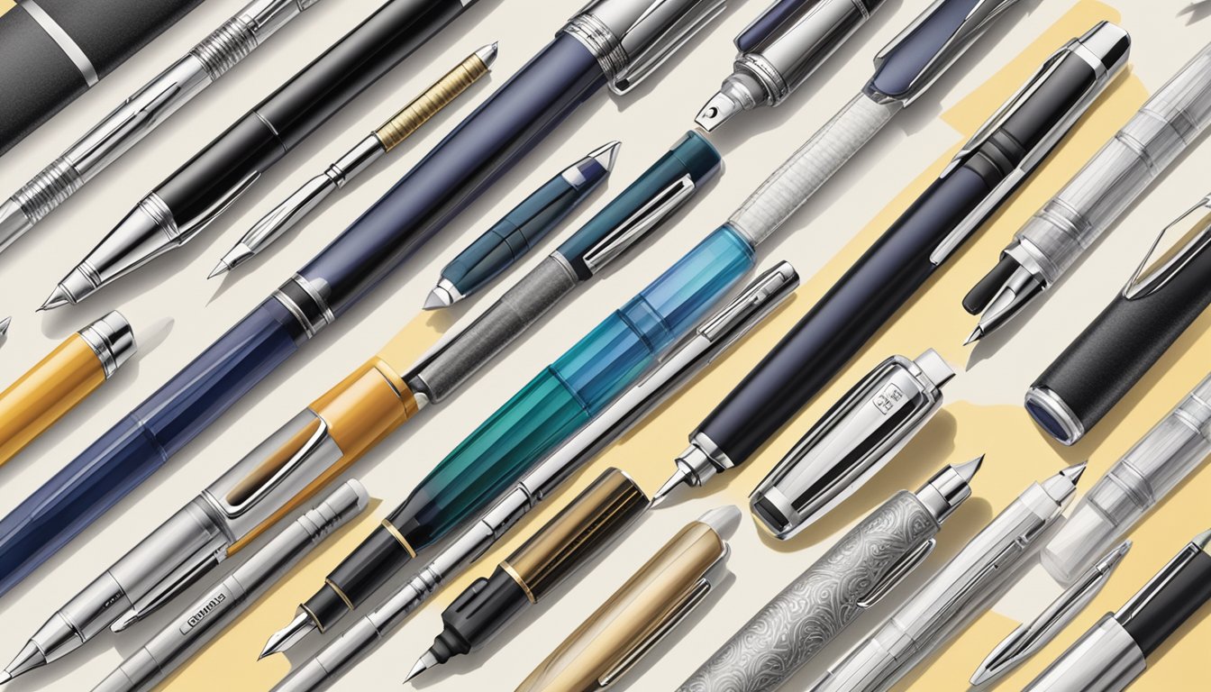 Various pen brands displayed with their unique offerings, including ballpoint, gel, and fountain pens, in a well-lit and organized setting