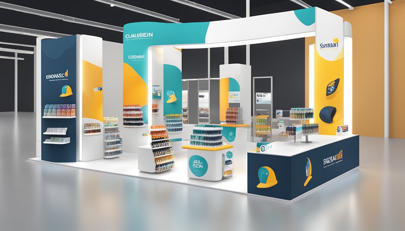 A hand reaching for a branded cap on a sleek, modern display stand at a busy trade show