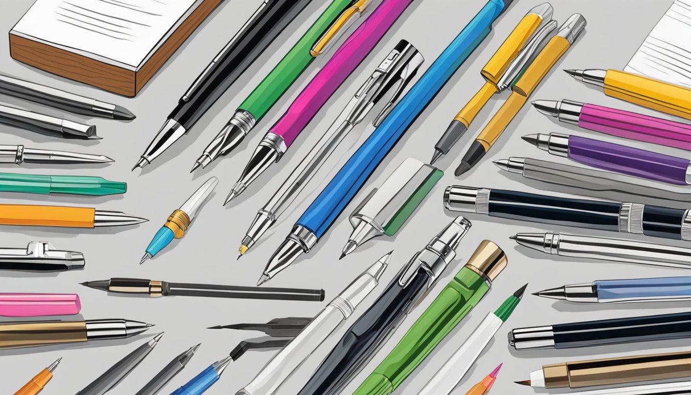 A hand reaches for various pen brands, lined up on a table