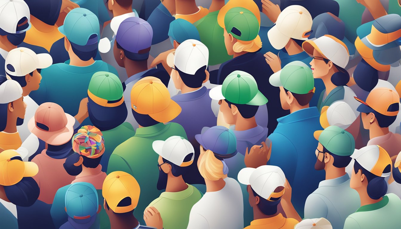 A group of people wearing branded caps while engaging in various marketing activities
