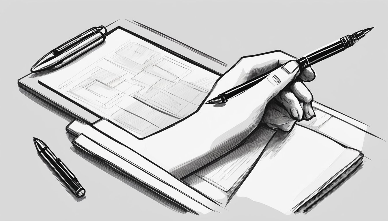 A hand holding a pen, writing on paper. Another hand using a pen to sketch on a tablet. A third hand using a pen to sign a document
