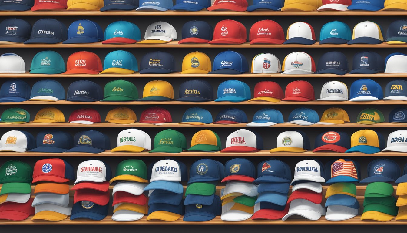 A display of Global Appeal branded caps arranged neatly on a shelf