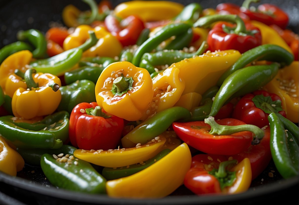 A wok sizzles as vibrant red, yellow, and green bell peppers are stir-fried with garlic, ginger, and soy sauce, creating a tantalizing aroma