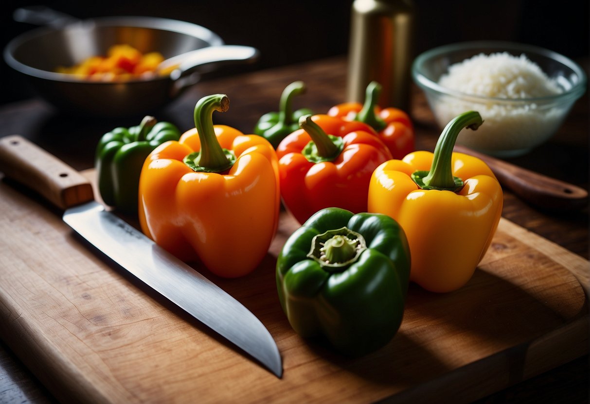 Slicing bell peppers for Chinese recipes with a sharp knife on a wooden cutting board. A wok and various cooking utensils are nearby