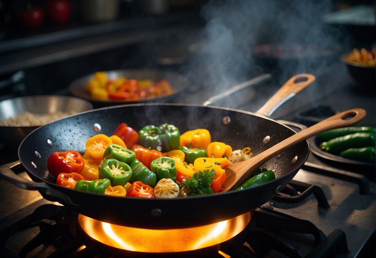A wok sizzles as colorful bell peppers are stir-fried with garlic, ginger, and soy sauce. Steam rises, filling the kitchen with savory aromas