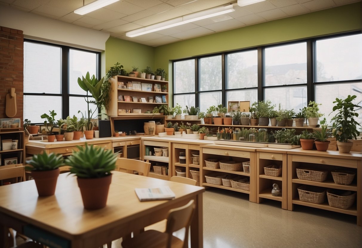 A classroom with open spaces, natural materials, and child-sized furniture. There are plants, art supplies, and educational materials displayed on low shelves